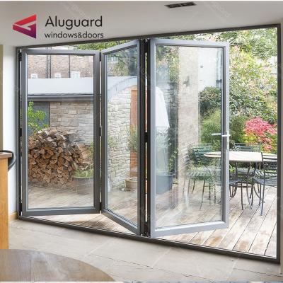 China Latest design folding bifold door metal screen aluminum outer door acordion and double window tempered glass iron soundproof door for sale