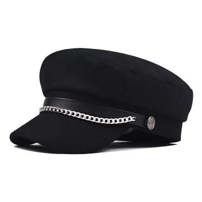 China New PU Metal Beret Fashion COMMON Chain Woolen Military Hat Military Beret Hats for sale