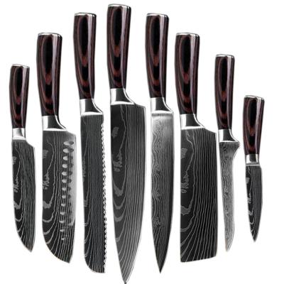 China Custom Logo Kitchen Chef Knives Super Stainless Steel Damascus Knife Set Ergonomic Wood Handle 8pcs Viable Top Rated Gift for sale