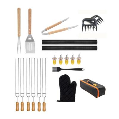 China Easily Cleaned Professional Outdoor Barbecue Accessories Grill Tools 18pcs BBQ Tool Kit Multi Wooden Handle In Bag for sale