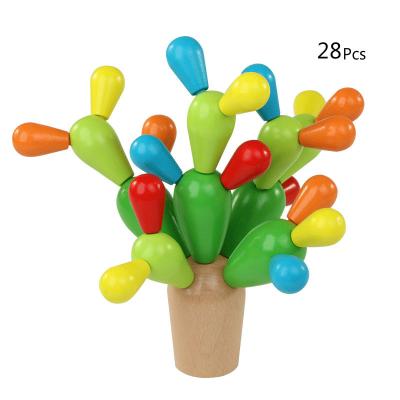 China Educational Creative Cactus Toy 28PCS DIY Wooden Toy Building Blocks Play Set Educational Puzzle Game Balance Ability Toy For Children for sale