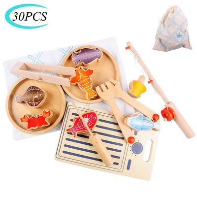 China Wood Kids Wooden Magnetic Fishing Multifunction Fish Carving Magnetic Educational Toys Pretend Kitchen Fishing Game Pretend Toys for sale