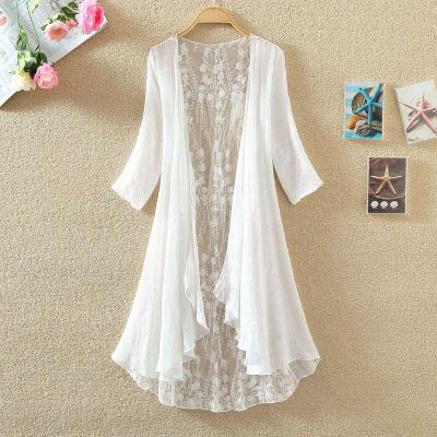 China 2021 New Women's Chiffon Shirt Women's Sunscreen Hollow Loose Shirt Air Conditioning Jacket Thin Breathable Cardigan Women's Medium Length for sale