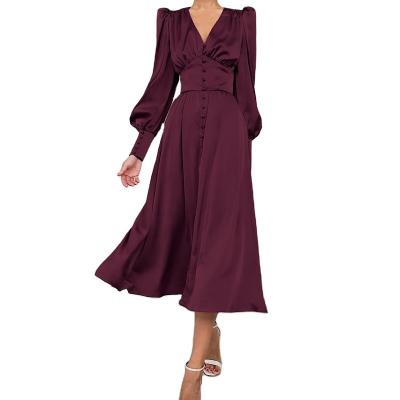 China Summer 2021 Satin Dress Women Elegant Design Ladies Long Sleeve Breathable Feeling Lantern Sheaths Narrow Waist Slim Dresses for sale