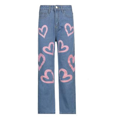 China Wholesale new QUICK DRY denim high-waisted ladies slimming love graffiti print straight-leg street style casual jeans for sale