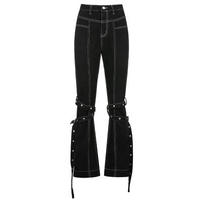 China Women's QUICK DRY High Waist Black Wide Leg Jeans Vintage Harajuku Streetwear Vintage Bandage Patchwork Denim Pants Ladies Trousers 2021 for sale