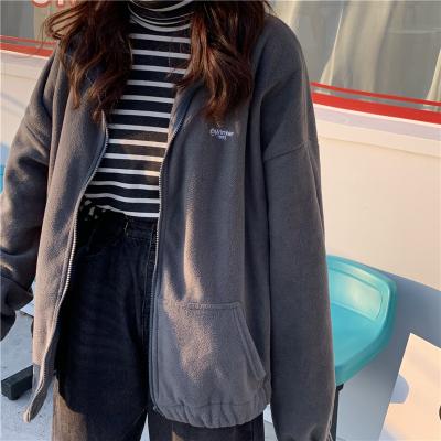 China Zipper-up Hoodie Harajuku Style Streetwear Fleece Sweater Lapel Korean Style Oversized Women Solid Sleeve Pocket Printing Anti-Wrinkle Long for sale