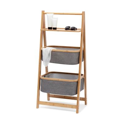 China 3 Layer Folding Bamboo Three-Tier Bamboo Shelf A-Shape Bathroom Tissue Storage Cloth Shelf Laundry Rack Storage Basket for sale