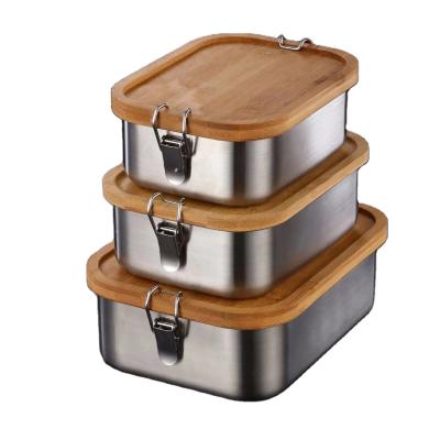 China Freshness Keeping Bento Lunch Box Stainless Steel With Bamboo Lid Leakproof Metal Lunch Containers Japanese Snack For Adults Kids School for sale