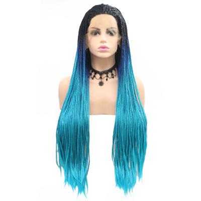 China Decoration Dark Roots Ombre Blue Synthetic Braided Wigs Natural Lace Front Wigs For Women Hair Wigs for sale