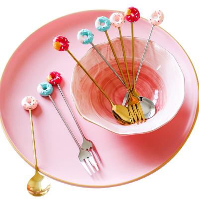 China High Quality Golden Camping Stocked Donuts Cartoon Stainless Steel Cake Coffee Stirrer Spoon Fruit Fork Wedding Ice Cream Spoon for sale