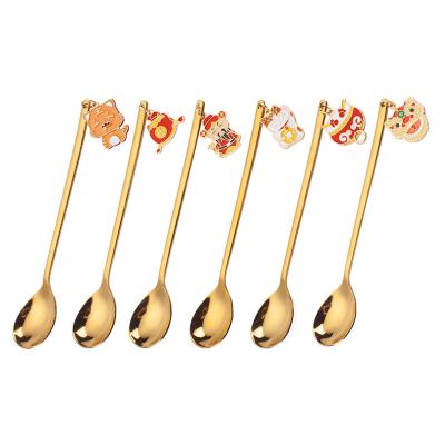 China New Year Stocked Creative Gift Box Set Stainless Steel Ice Cream Spoon Coffee Dessert Spoon Cartoon Fruit Golden Fork for sale