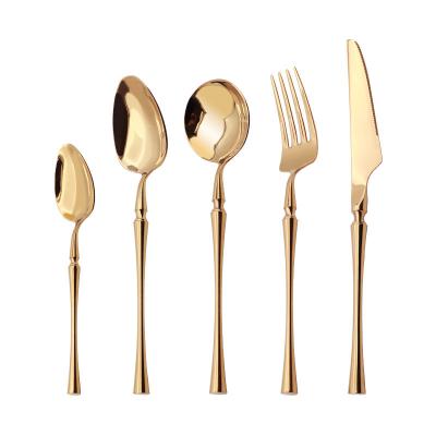 China High quality Europe 304 small size viable gold stainless steel western tableware knife, fork, soup spoon knife sharp five-piece set for sale