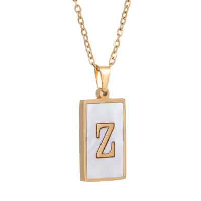 China TRENDY Personalized Stainless Steel 18k 24k Gold Plated Jewelry Custom Letter Shell Inlay Rectangle Pendant Tags Necklace for sale