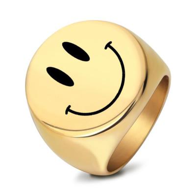 China FASHIONABLE Happy Smile Face 18k Gold Plated Ring Stainless Steel Opening Adjustable Rings For Women for sale