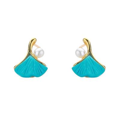 China FASHIONABLE Design Ginkgo Leaf Design 925 Sterling Silver Turquoise Jewelry Pearl Earring 2020 With 18k Gold Plated For Women for sale