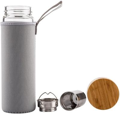 China Sustainable Premium Fruit Tea Infuser Borosilicate Glass BPA Free Water Bottle With Bamboo Lid Travel Tumbler 17oz for sale