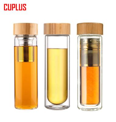 China 16oz Viable Juice Transparent Glass Water Bottle Portable with Wooden Bamboo Lid and Infuser for sale