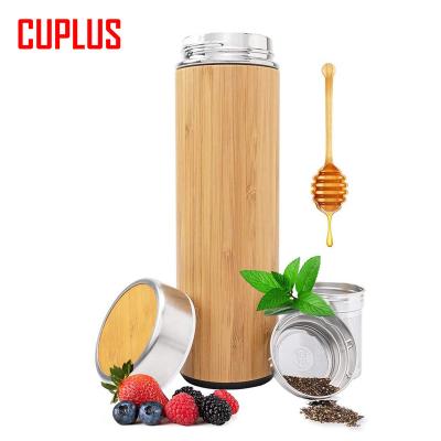 China Custom Logo Wholesale Double Wall Stainless Steel Flasks PORTABLE Bamboo Tumbler with Tea Infuser for Loose Leaf Tea Keeping Cold Hot for sale