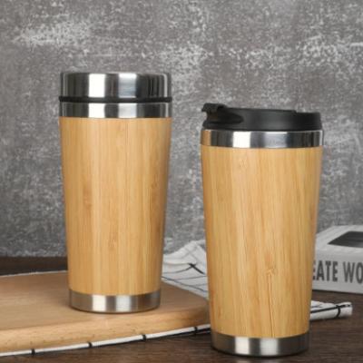 China Viable Custom Logo 14oz Insulated Travel Bamboo Mug Stainless Steel Thermos 400ml Vacuum Leakproof Bamboo Mugs for sale