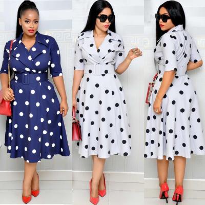 China Factory Sustainable Supply High Quality African Suit Collar Dot Printed Patchwork Plus-size Casual Dress With Belt for sale