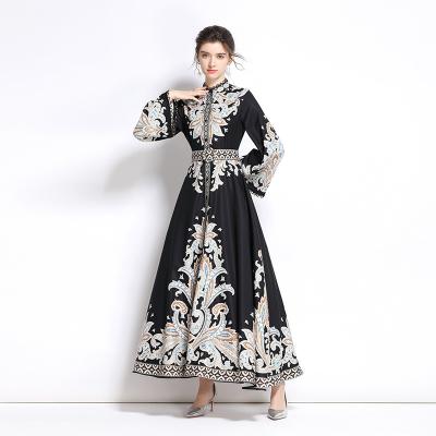 China New Arrivals Breathable Black Print Victoria Flare Long Sleeve Dress Elegant Casual Dress for sale