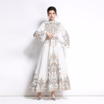 China New Arrivals Long Sleeve Flare Breathable White Print Dress Elegant Casual Dress for sale