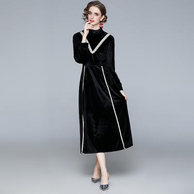 China Breathable New Arrivals Velvet Cotton Black Lace Women Dress Long Sleeve Elegant Causal Dress for sale