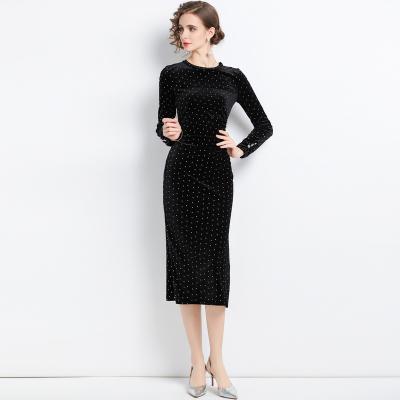 China Breathable New Arrivals Black Pleuche Dot Dress Women Long Sleeve Button Slim Casual Dress for sale