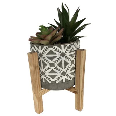 China Hand Made Price Round Shape Cheap Concrete Succulent Pot With Wooden Stand for sale