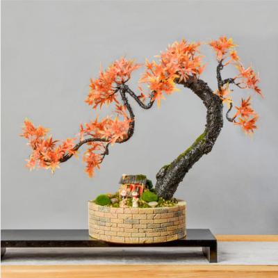 China Handcrafted Artificial Red Maple Tree with Mini House Miniature Garden Home Bonsai Table Decoration for sale