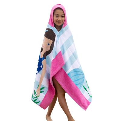 China Pill Cartoon Printed Microfiber Kids Hooded Poncho Beach Towel-Mermaid Brown Hair for sale