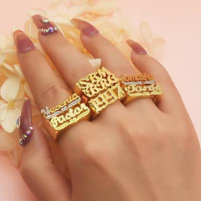 China New Hiphop Fashion Jewelry Gold Plated Custom Cursive Letters Script Letter Name Ring Personalized Nameplate Ring Custom for sale