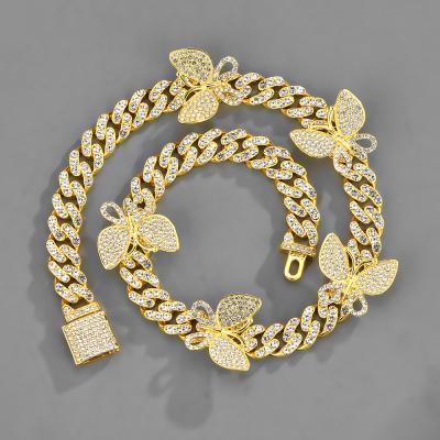 China Hip Hop Jewelry Rose Gold Plated Zinc Alloy Lead Free Nickel Free Bracelet Iced Out CZ Crystal Rhinestone Necklace Pink Butterfly Cuban Chain Necklace for sale