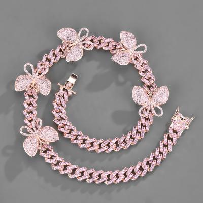 China Environmental Friendly Hip Hop Jewelry Rose Gold Plated Zinc Alloy Cuban Link Chain Iced Out CZ Crystal Rhinestone Necklace Pink Butterfly Cuban Chain for sale