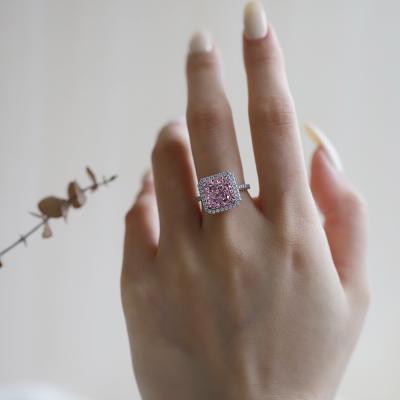 China The Other Outlet Diamond Rings Pink Square 925 Sterling Silver Rings Micro Paved CZ Iced Out 925 Stone Ring for sale