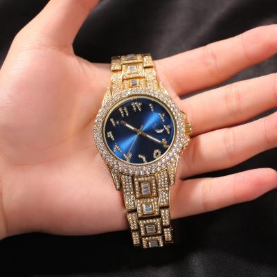 China Automatic Date Fashion Hip Hop Luxury Jewelry Iced Out Rhinestones Quartz Watch Stainless Steel Roman Watch Blue Dial Diamond for sale