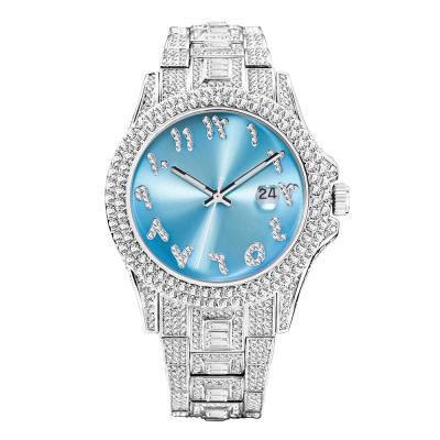 China Automatic Date Fashion Hip Hop Jewelry For Women Iced Out Wrist Waterproof Roman Watch Baby Blue Dial Diamond Watch Rhinestone Quartz Watch for sale