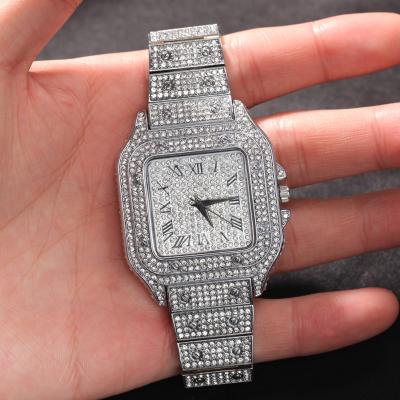 China Automatic Date Fashion Hip Hop Jewelry For Women Iced Out Rhinestone Quartz Wrist Watch Roman Numeral Watch Blue Square Dial Waterproof Watch for sale