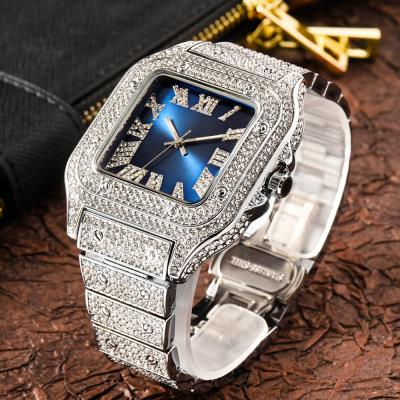 China Automatic Date Fashion Hip Hop Jewelry Iced Out Rhinestone Quartz Wrist Watch Roman Numeral Watch Blue Black Square Dial Waterproof Watch for sale