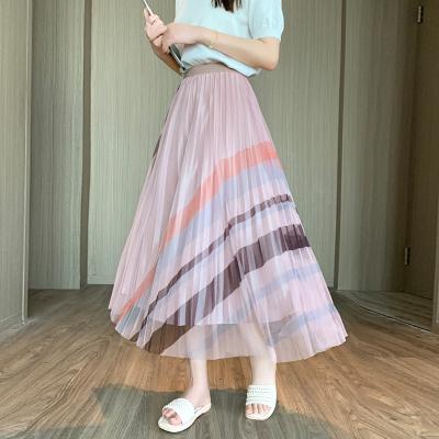 China Wholesale Mesh Breathable Casual Floral Rainbow Pleated High Waist Skirts A Line Elastic Tulle Plus Size Long Skirts For Women for sale