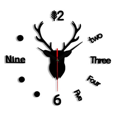 China Antique Outdoor Acrylic Deer Head Wall Clock Mirror Style 3D DIY Large Size Wall Decor Clocks Wall Clock Living Room for sale