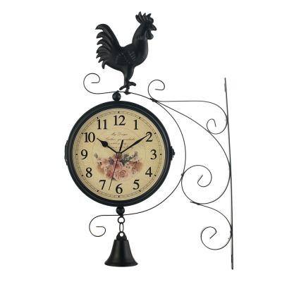 China Classic Style Double Sides Retro Antique European Rooster Bells Faced Metal Wall Clock Home Decor Wall Clocks for sale