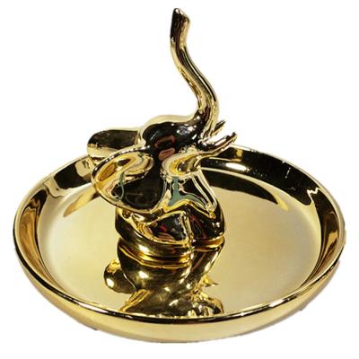 China Art Decor Little Golden Elephant form Ring Holder with Gold Ceramic Jewelry Dish for Jewelry Dish Display Festival Gifts Home Deco for sale