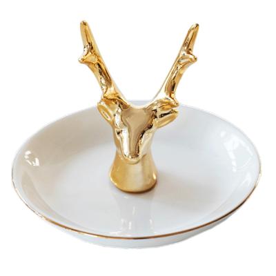 China Wholesale Gold White Ceramic Gold Edge Head Ring Holder Art Decor Home Decor Deer Jewelry Organizer Dish Dish Table Tray for sale