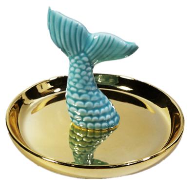 China China craft blue fish tail jewelry dish with gold ceramic jewelry dish for jewelry display festival gifts for women and girls for sale