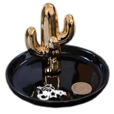 China Art Decor Home Decoration Cactus Shape Ring Holder Table Storage Jewelry Dish Black Ceramic Dish Tray for sale