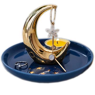 China China Craft Gold Half Moon Shape Jewelry Dish With Blue And Stars Ceramic Jewelry Dish For Jewelry Display Festival Gifts for sale