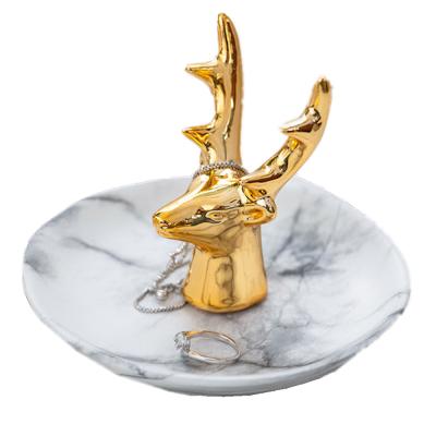 China China Craft Gold Deer Jewelry Main Dish With Marble Look Ceramic Jewelry Dish For Jewelry Display Festival Gifts for sale