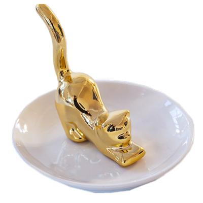 China China Craft Gold Stock Cat Shape Ring Holder with White Ceramic Dish for Jewelry - Ceramic Jewelry Dish Display Festival Gifts for sale